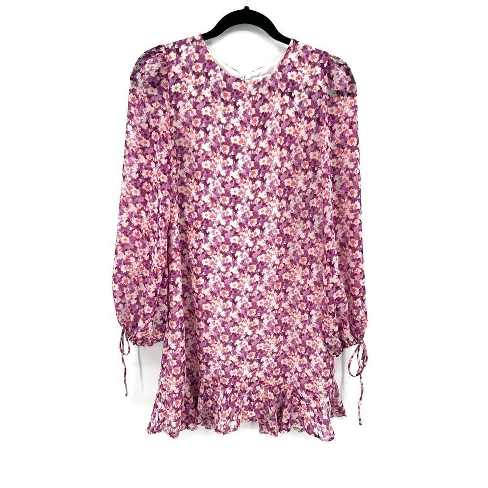 PETAL + PUP Purple Pink Floral Ruffle Balloon Sleeve Mini Shift Dress Size 8